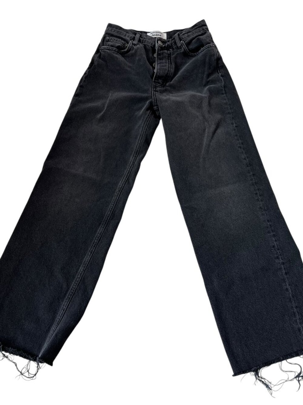Reformation jeans faded black denim button fly wide leg raw hem size 24 waist